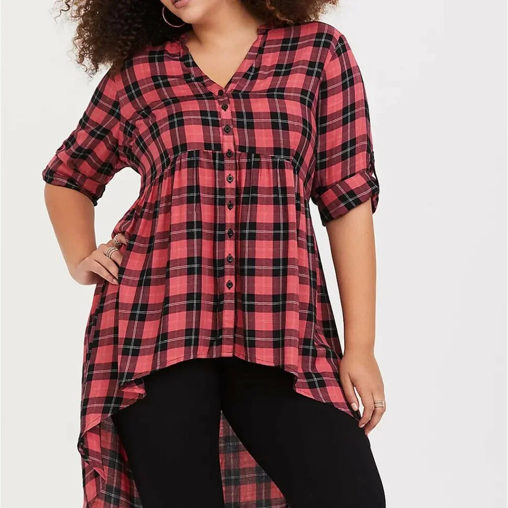 Torrid Lexie Plaid Hi-Lo Challis Tunic Red Black Women's Plus Size 3 3X H11863 - Picture 3 of 11